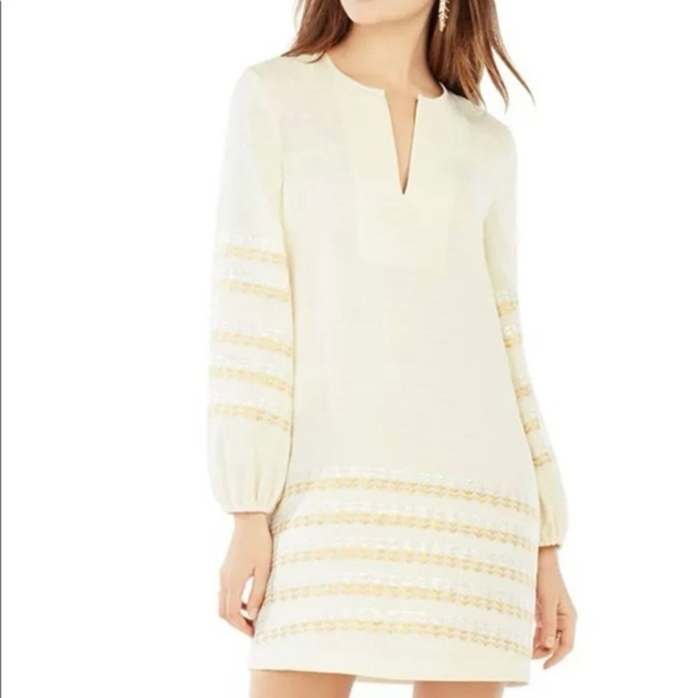 BCBGMAXAZRIA Keely Tunic Dress Long Sleeve Metallic Stripe Boho Notch Neck Sz XS